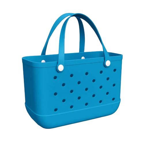Rubber Beach Tote Bag, Waterproof Washable Open Rubber Beach Bags for Sports Beach Market Pool, Medium, Lake Green