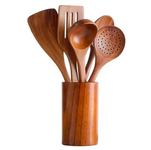 Wooden Kitchen Utensil Set with Holder, 5 Piece Cooking Tools