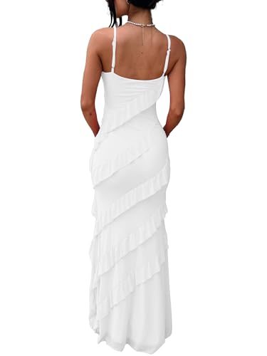Image of HOCILLE Women's Sexy V Neck Backless Bodycon Spaghetti Strap Elegant Ruffle Maxi Cocktail Party Dresses