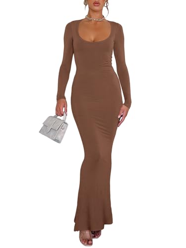 REORIA Womens Basic Sexy Square Neck Long Sleeve Soft Lounge Long Dress Fall Casual Ribbed Bodycon Maxi Dresses4