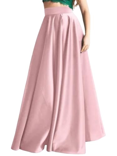 ebossy Women's Retro High Waisted Flared Long Satin Skirt Pleated Flowy Swing Silk A-Line Maxi Skirts