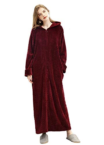 ELizoop Lång morgonrock för kvinnor nattkläder dragkedja med huva badrock damer fluffig fleece full längd rock mjuk myskläder födelsedagspresenter överdimensionerad för gravid kvinna (burgundy, XL)