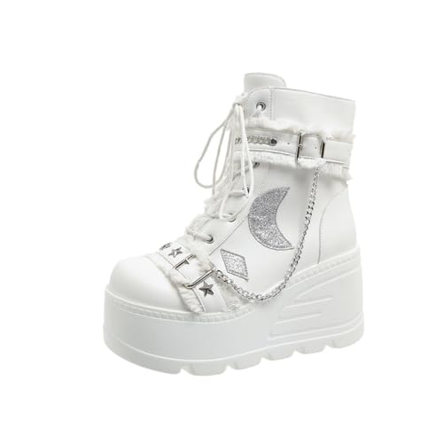 Cute Emo Combat Boots for Women Platform Chunky Grunge Goth Rave Punk Booties Wedge High Heels with Chains Stars Moon Non Slip Shoes Y2K Fashion Streetwear Parties Spring Summer Fall Outdoors