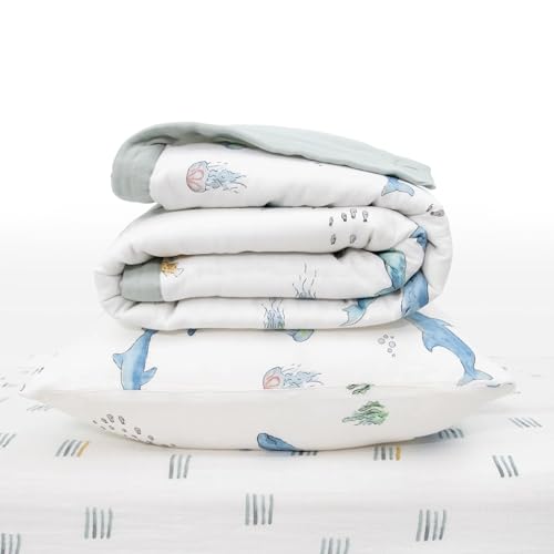 Image of Little Unicorn Toddler Bedding 3-Piece Set | Includes Comforter, Crib Sheet & Pillowcase | Soft & Breathable Muslin Fabric | for Convertible Cribs & Toddler Beds (Whales)