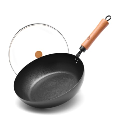 WANGYUANJI 11-Inch Carbon Steel Frying Pan with Beech Wooden Handle & Glass Lid - Physical Non-Stick, Non-Coating Skillet for Induction, Sautéing, Frying, Stir-Frying