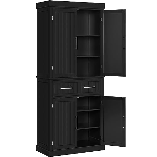 Yaheetech Tall Kitchen Pantry Cupboard, 183.5cm Freestanding Storage Cabinet with Drawer, 4 Doors, 2 Adjustable Shelves for Home Dining Living Room, Black