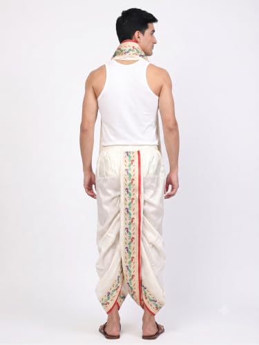 Image of Rameshwaram Fabrics Readymade Dhoti for Men, Velcro Style Stitched Mens Silk Dhoti Pant with Stole Set