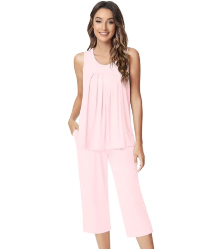 Image of NACHILA Pajamas for Women-Viscose Made from Bamboo, Sleeveless Pjs Tank Top Capri Pants Pajama Sets Cooling Sleepwear