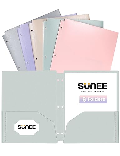 SUNEE 3 Hole Pocket Folders (6 Pack, Pastel Color), Plastic Pocket Folders for 3 Ring Binder, 3-Hole Punched Folder with Pockets, for Kids, Students, Teachers, Office Staff
