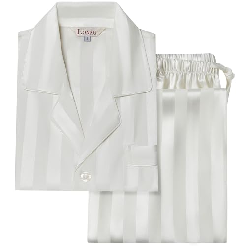 Image of Lonxu Pajamas Set Mens Silk Satin Pajamas Long Sleeve Loungewear Two-Piece Sleepwear Button-Down Pj Set S-XXXXL