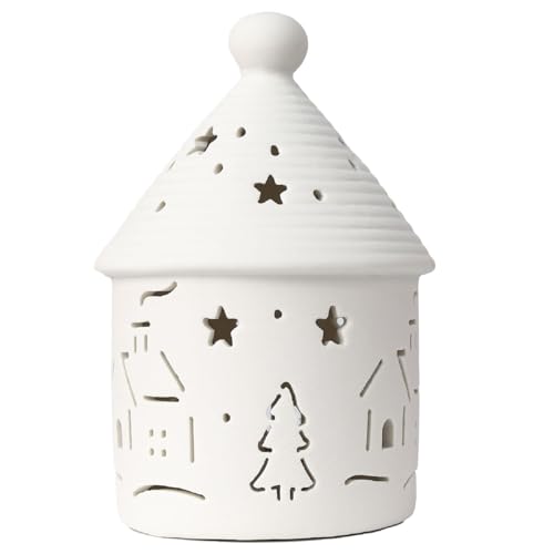 Yeerockal Maison décorative de Noël en céramique avec éclairage LED | 14 cm de Haut | LED 2 Piles LR44 incluses | Photophore Blanc décoration de Noël DIY...