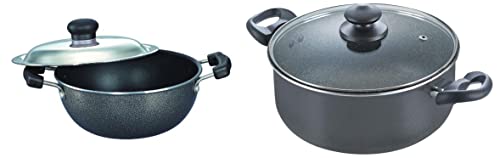 Image of Prestige Aluminium Omega Select Plus Non-Stick Flat Base Kadai with Lid, 20Cm, 2.2 litres, Black & Omega Deluxe Granite Sauce Pan with Lid, 240Mm Combo