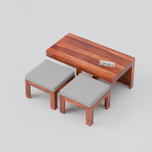 Image of ONIJA Solid Sheesham Wood Center Coffee Table with 2 Stools for Living Room Outdoor | Rosewood Centre Teapoy Tea Table with Stool for Home Office (Honey Finish)