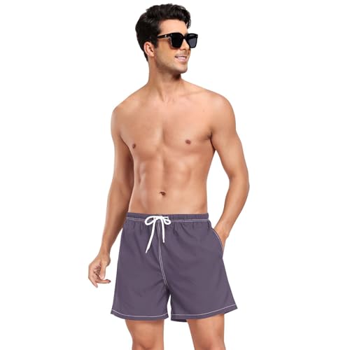 Solid Color Pure Navy Blue PlainMens Beach Shorts Men Lined Workout Running Shorts with Pockets and Compression Liner Bathing Suit for Men Quick Dry