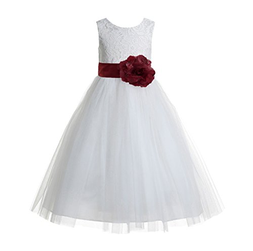 ekidsbridal Floral Lace Heart Cutout White Flower Girl Dresses Burgundy Holy Communion Dress