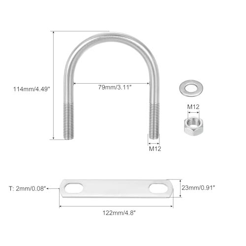 Image of uxcell Round U-Bolts, 4 Sets 79mm(3.11 inch) Inner Width 114mm Length M12 304 Stainless Steel U Clamp Bolt with Nuts and Plates, for Boat Trailer