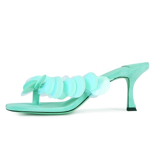 Kitten Heel Sandals for Women with Sequin Detailing Comfortable Slip on Open Toe Flip Flop Heel Thong Sandal Casual Summer Dressy Prom Shoes