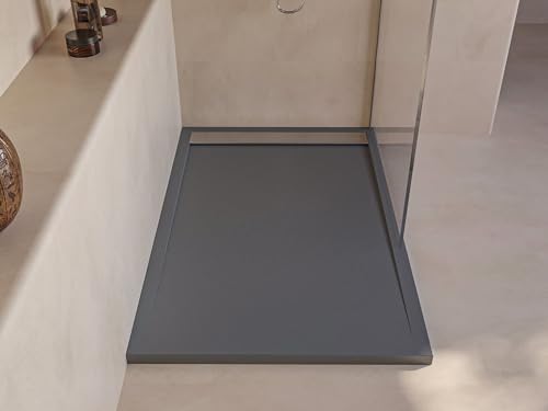 SOULBATH Plato de Ducha - Resina - Gel Coat - Textura Liso/Piedra - Antideslizante - Color Gris Cemento - 170X70- Extraplano 3cm. Incluye Válvula de desagüe - Rejilla Inox