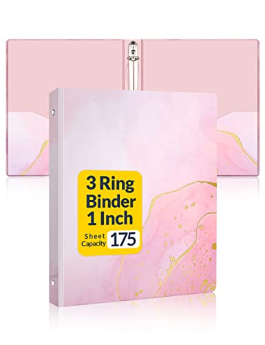 SUNEE 3 Ring Binder 1 Inch Cute Binder with 2 Pockets, Decorative Pink Marble Three Ring Binder Heavy Duty (Fit 8.5×11 Inches) for School Supplies, Office Binder Supplies