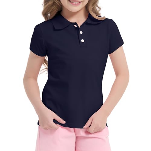 Phedrew Girls Cotton Polo Shirt Short Sleeve School Uniform Polo Shirts Pique Golf Shirts for Kids Youth(Age 5-14) Navy