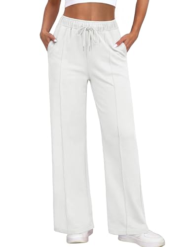 Warmrole Sweatpants for Women with Pockets High Waisted Baggy Lounge Pants Straight Leg Sweat Pants Joggers White Small