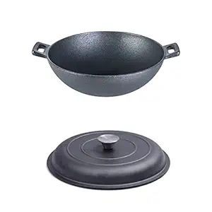 Wonderchef Forza Cast-Iron Pre-Seasoned Kadhai with Lid Combo, Cookware, Induction Friendly, 30cm, 3.35L, 3.8mm (Black)
