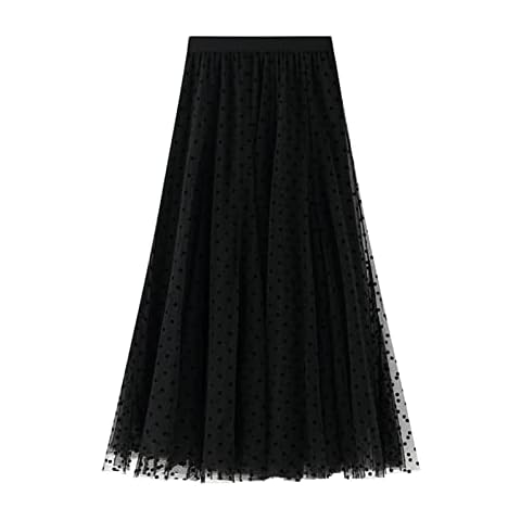 SotRong Women's Tulle Skirt Mesh Midi Skirt Pleated Tutu Skirts Elastic Waist Overlay Layered Polka Dot A-line Porm Skirt Black Cover