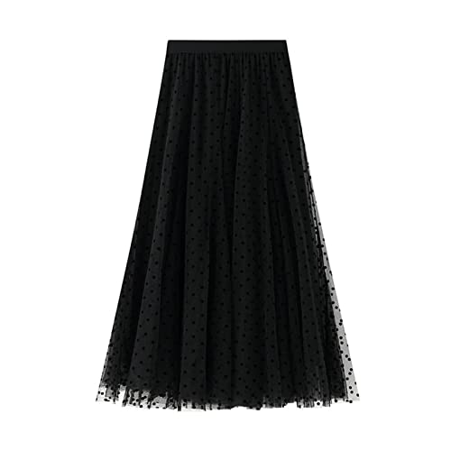 SotRong Jupe mi-longue en tulle élastique pour femme - Taille haute - Jupe plissée en mousseline de soie avec décoration florale, D-black, taille unique Cover