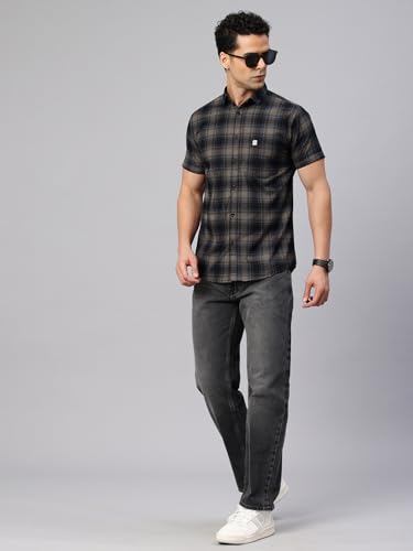 Image of Majestic Man Men Comfort Slim Fit Checked Pure Cotton Half Sleeve Casual Shirt