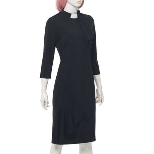 CAMDOM Women's Clergy Dress 3/4 Sleeve Black Pencil Dress with Ruffle Collar2
