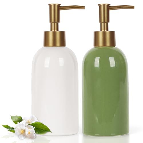Image of Natheeph 14OZ Ceramic Soap Dispenser, White, Pump Dispenser for Bathroom /Kitchen, 200ml Liquid Capacity (White + Green) | Refillable Shampoo /Lotion /Liquid /Soap Dispenser for Bathroom, Dish Soap /Detergent for Kitchen, Soap Pump Dispenser Bottle