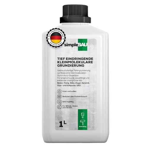 simpleBAU Tiefengrund 1 L – Gebrauchsfertige Tiefengrundierung für Innen & Außen auf schwierigen Untergründen – Verbessert Haftung für Wände, Böden & Decken, Lösemittelfrei & Ergiebig
