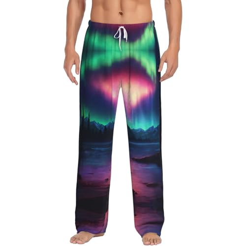 GFXEDSAH Pantalones de pijama de franela para hombre con estampado de auroras boreales oscuras, pijamas de Navidad, perfectos para relajarse en la cama y el sofá, Negro, L