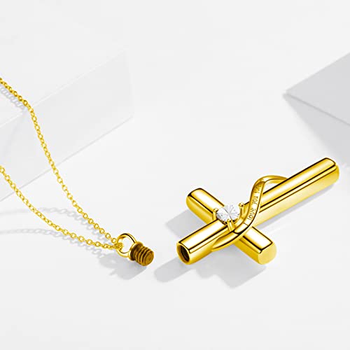 SOULMEET Crystal Cross Necklace for Ashes Gold Plated Silver I Love You Forever Birthstone April Cross Urn Necklaces for Ashes Keepsake Cremation Jewelry for Pet Human Ashes - Image 2