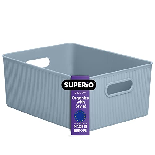 Image of Superio Ribbed Collection - Decorative Plastic Basket Open Home Storage Bins Organizer, Large Blue (1 Pack) Container Boxes for Organizing Closet Storage Bins for Shelves 15 Liter /16 Quart