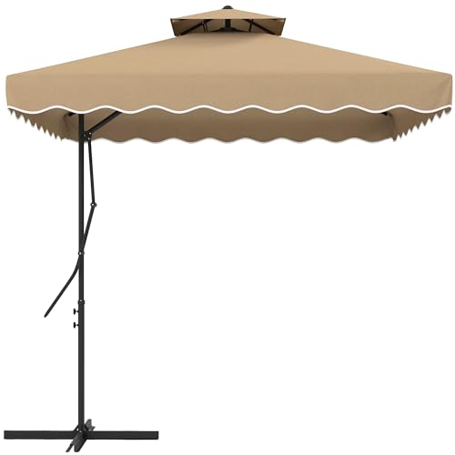 Outsunny Sombrilla Terraza Exterior de 2,5 m Sombrilla Voladiza con Manivela Techo Doble con Borde Ondulado y Base Cruzada Parasol de Jardín para Exterior Patio Terraza Caqui