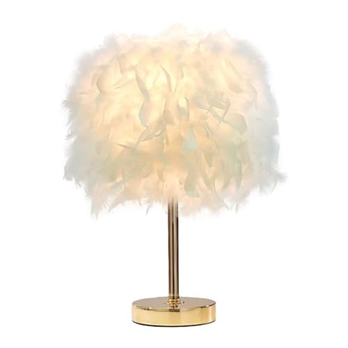 GUANSHAN Lampe de table en plumes blanches, lampe de chevet avec base dorée, abat-jour romantique en plumes, veilleuse pour chambre, décoration intérieure,...