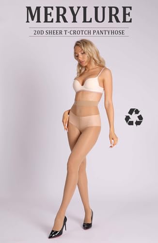 Image of MERYLURE 20D Sheer Black Tights for Women, T-Crotch Ultra Thin Pantyhose High Waist Stockings Reinforced Toes 2 Pairs