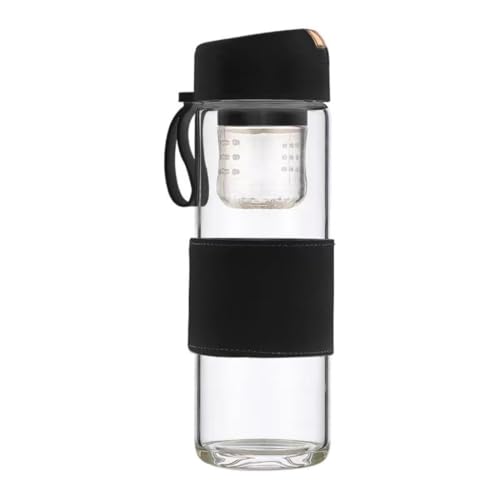Image of Wosta Leakproof Glass Water Bottle with Stainless Steel Infuser Glass Tea Infuser Bottle with Strainer and Neoprene Sleeve for Loose Leaf Tea, Cold Brew Coffee. (D - BLACK, 420ML)