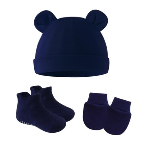 Infant Double Layer Bonnet Hat with Socks and Scratch Proof Mittens Set for 0 to 3 Months Comfortable Fetal Caps Gloves Navy Blue