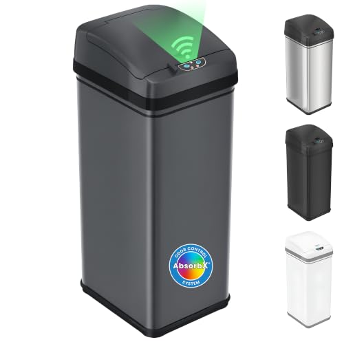iTouchless 13 Gallon Tall Kitchen Trash Can with Lid, Pet Lock &amp; Odor Filter, Patented 50L Automatic Motion Sensor Garbage Bin, Large Capacity No-Bending Stainless Steel Waste Basket, Matte Gray