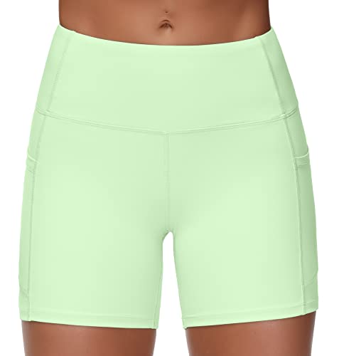 Image of THE GYM PEOPLE High Waist Yoga Shorts for Women's Tummy Control Fitness Athletic Workout Running Shorts with Deep Pockets