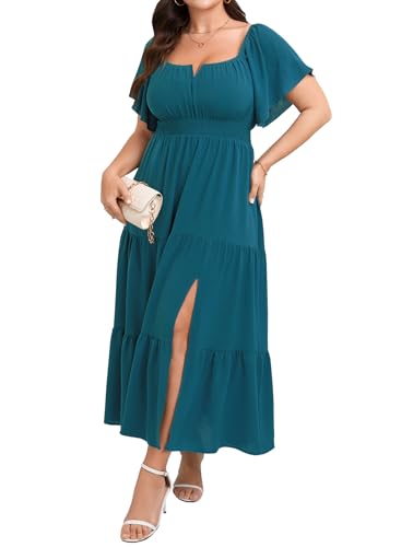 Image of SCOMCHIC Womens Plus Size Maxi Dress Formal Short Sleeve Square Neck Smocked Side Split Flowy A Line Tiered Long Dress