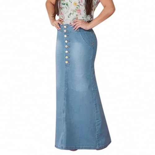 Front Button Washed Denim A-Line Skirts High Waisted Long Jean Skirt for Women Midi Length