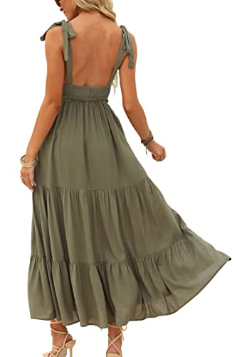 Deep Self Women’s Solid V Neck Tie Strap Maxi Dress Long Summer Dress Ruffle Hum Long Flowy Dresses Army Green #TOP4
