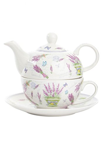 Vily's House Tetera con Taza y Plato en Porcelana Decorada con Flores de Lavanda (Modelo A)