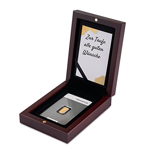 Goldstücke24 Gold zur Taufe - Goldbarren im edlen Geschenk-Etui mit Grußkarte - Mahagoni - Feingold 999 9 (1g Gold)