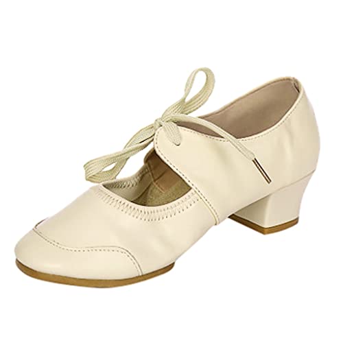 Scarpe da ballo da donna, eleganti, con lacci, moderne, con punta chiusa, latina, tacco basso, scarpe da donna con tacco a blocco, scarpe da ballo jazz, beige., 35 EU