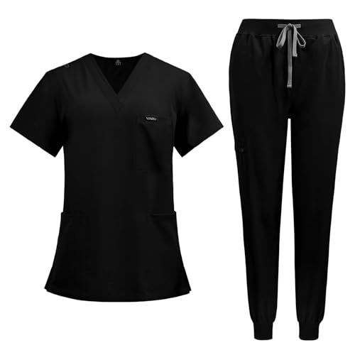 VIAOLI Women's Scrubs Set Classic V-Neck Top and Yoga Jogger Pant Medical Nursing Uniform Scrubs for Women Set Clearance (S, Black)