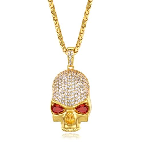FindChic Skull Necklaces for Men Fissured Stainless Steel Skeleton Head/Red Eye Skull Fake Diamond Pendant Halloween Costume Jewelry, with Gift Box 05. red eye iced head (gold)